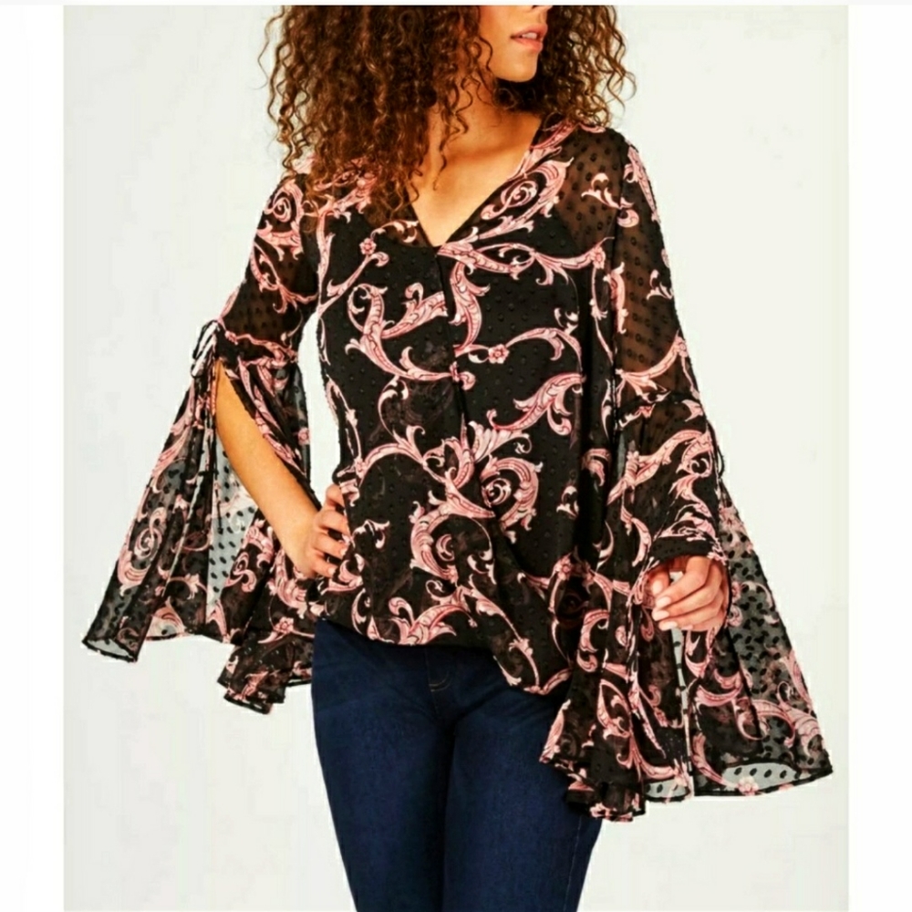 INC Slit Bell Sleeve Cross-Over Sheer Print Top Swiss Dot Small New
